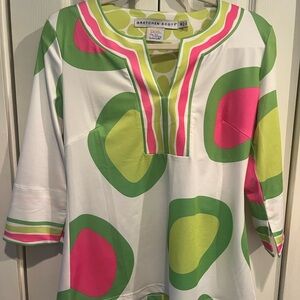 Gretchen Scott Designs white Pink green 3/4 sleeve bright top size Med